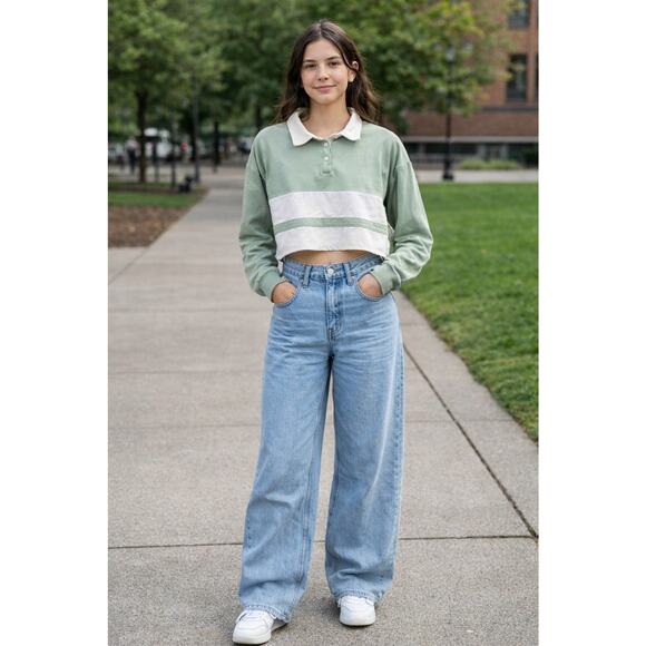 Forever 21 Tops - Womens 90's Y2K Green White Stripe Cropped Rugby Shirt Sz M Sporty Preppy Polo